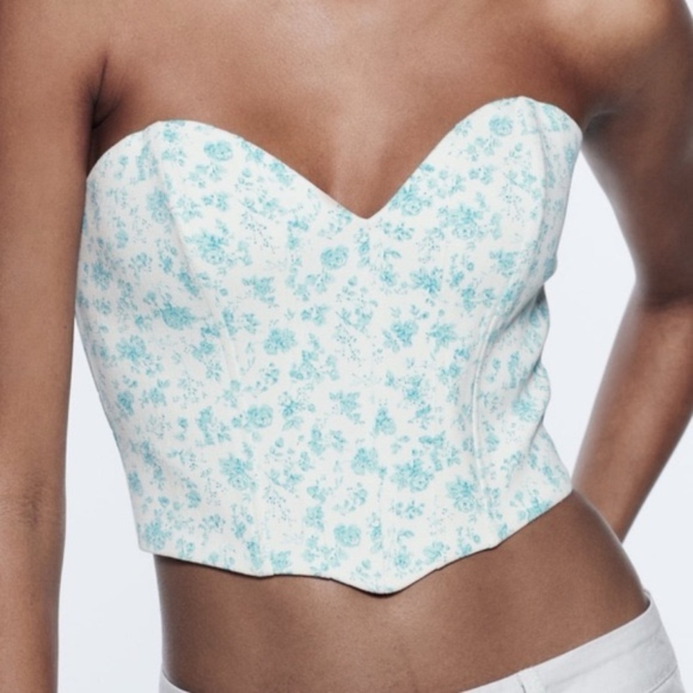 Zara - Floral Strapless Top - Blue and White